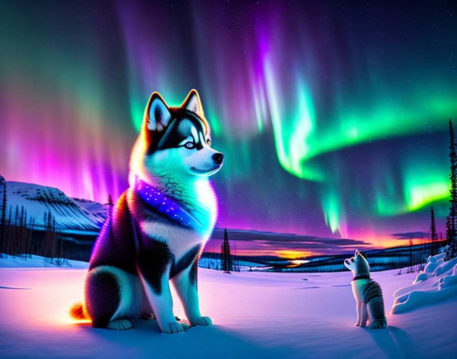 Husky Dog and Pup under Twilight Sky with Aurora Borealis