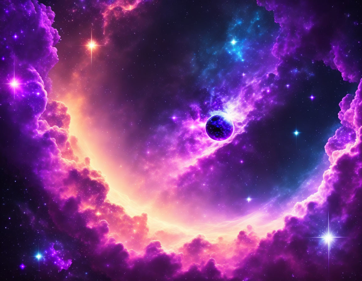 Colorful cosmic scene featuring black hole, nebula clouds, and stars