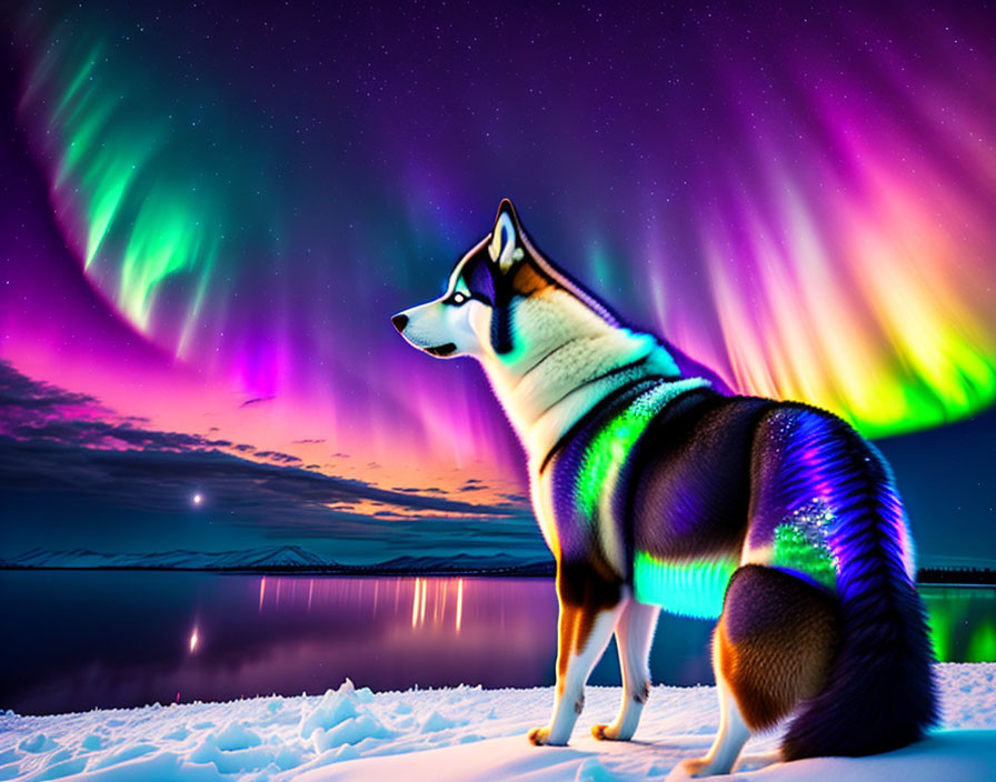 Siberian Husky with aurora borealis over snowscape