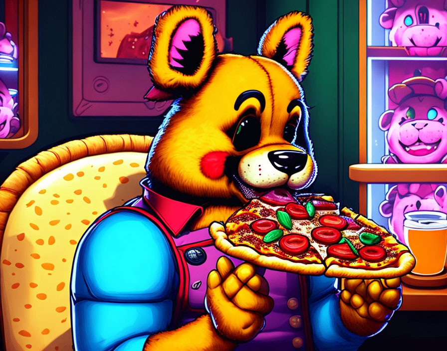 Cartoon dog waiter with pizza slice in vibrant restaurant setting