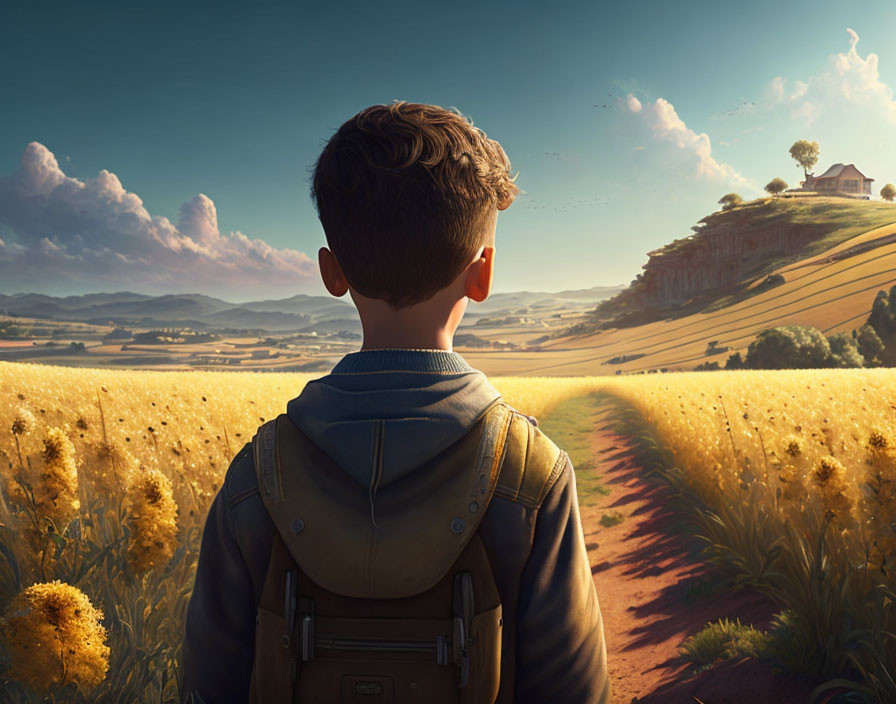 Boy with backpack in wheat field gazes at distant house on cliff under cloudy sky