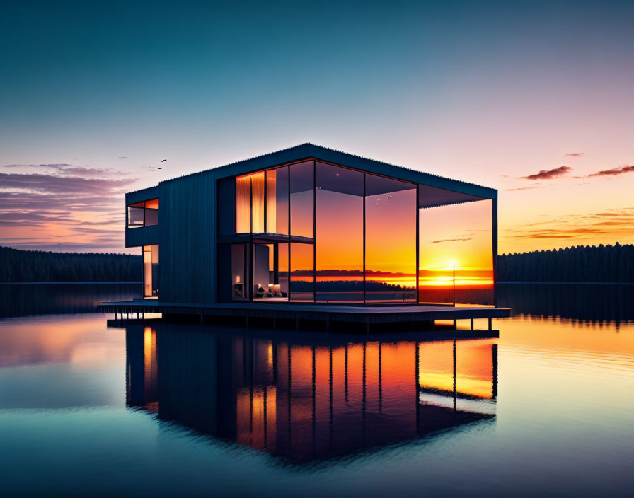 Glass house on tranquil lake at sunset