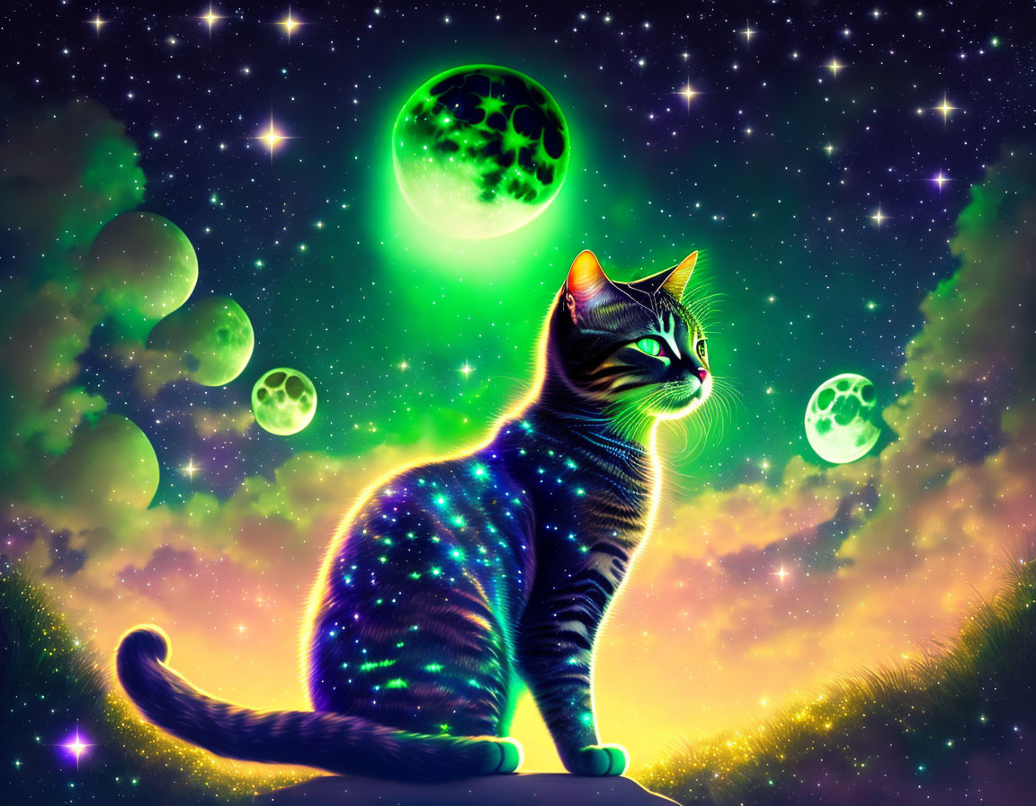 Colorful Galaxy-Patterned Cat Under Green Moon & Stars