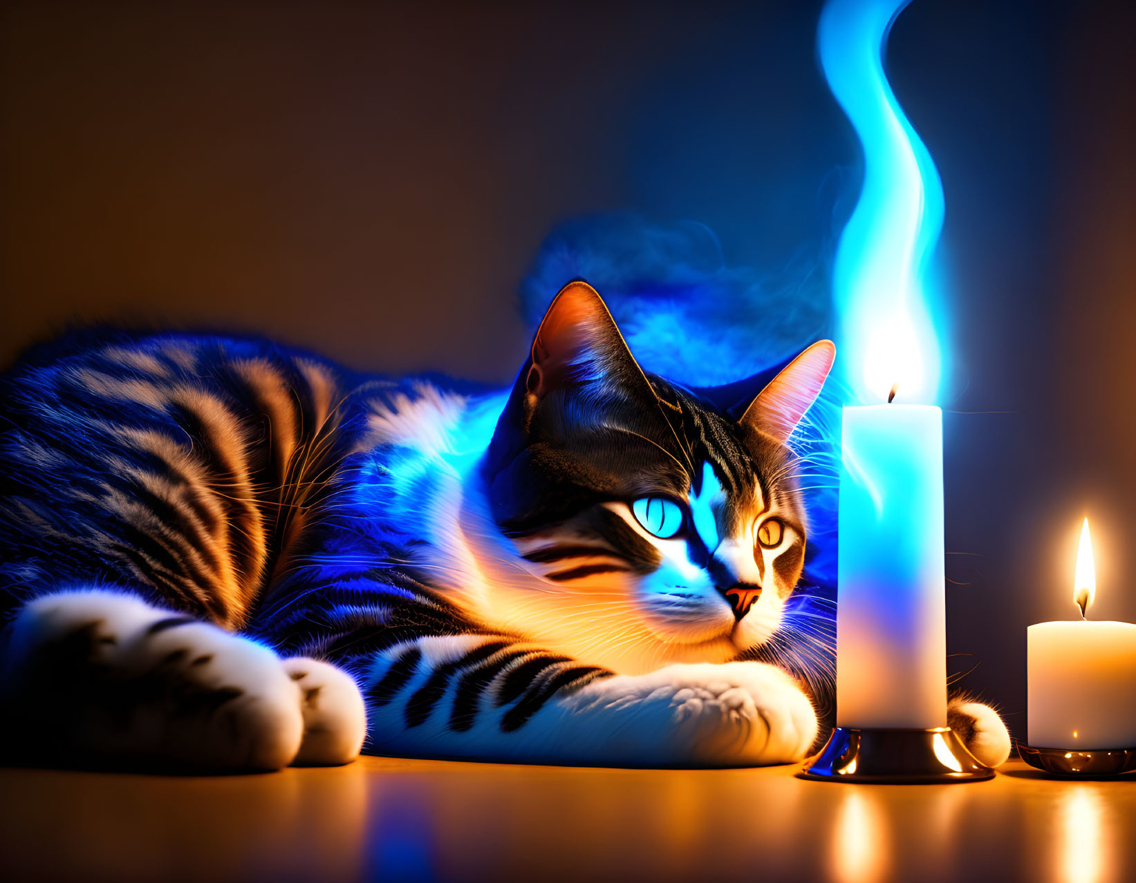 Tabby cat with blue eyes next to tall candle with high blue flame in warm, dimly lit