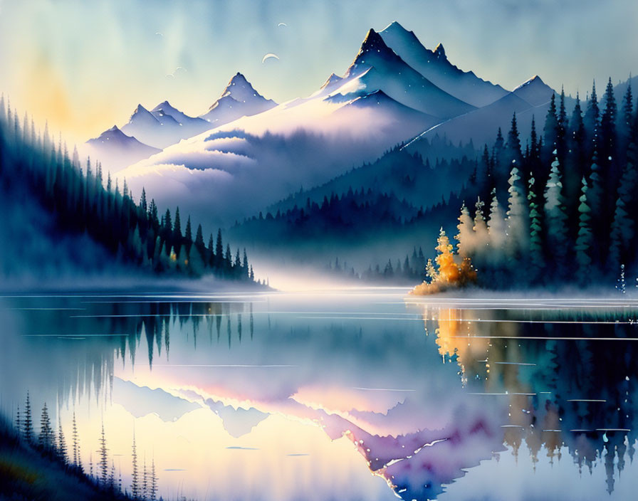 Tranquil Mountain Landscape with Mist, Evergreen Trees, Lake, and Colorful Reflection