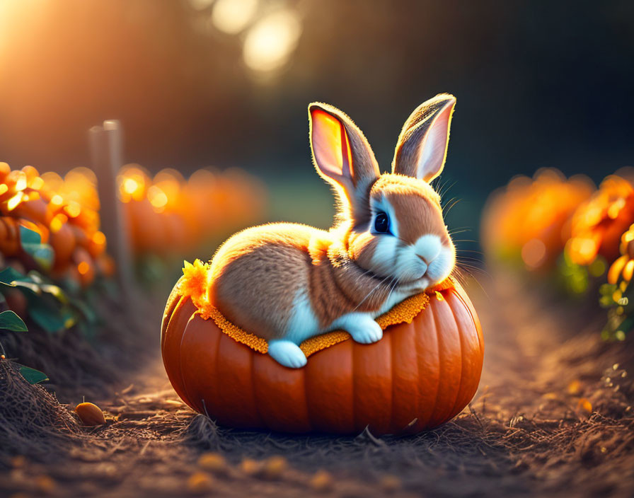 Adorable bunny on pumpkin in flower field at sunset