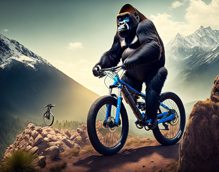 Gorilla mountain biking on rocky ledge with airborne bike in mountainous terrain