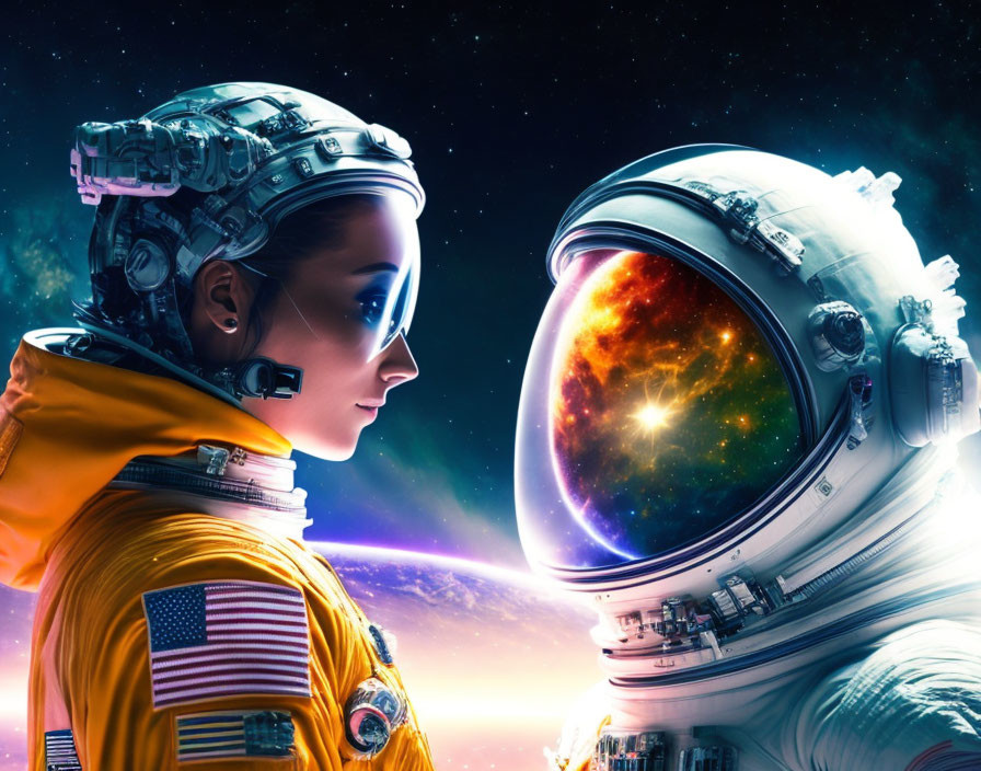 Astronauts with reflective visor and cosmic backdrop