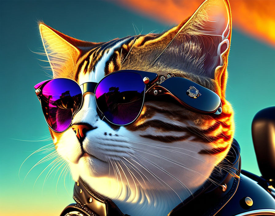 Cool Cat in Sunglasses and Leather Jacket with Sunset Background