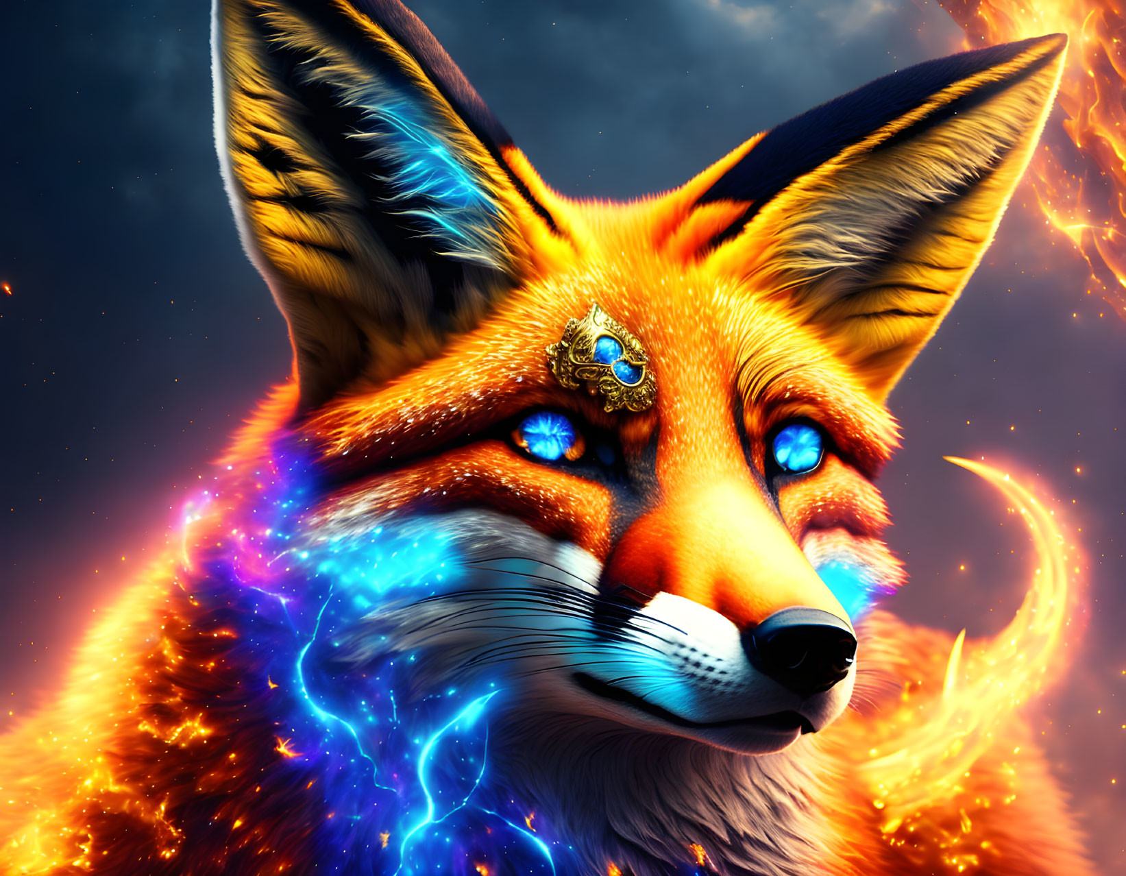 Vibrant digital artwork: Fox with fiery orange fur and intense blue eyes surrounded by flames and cosmic