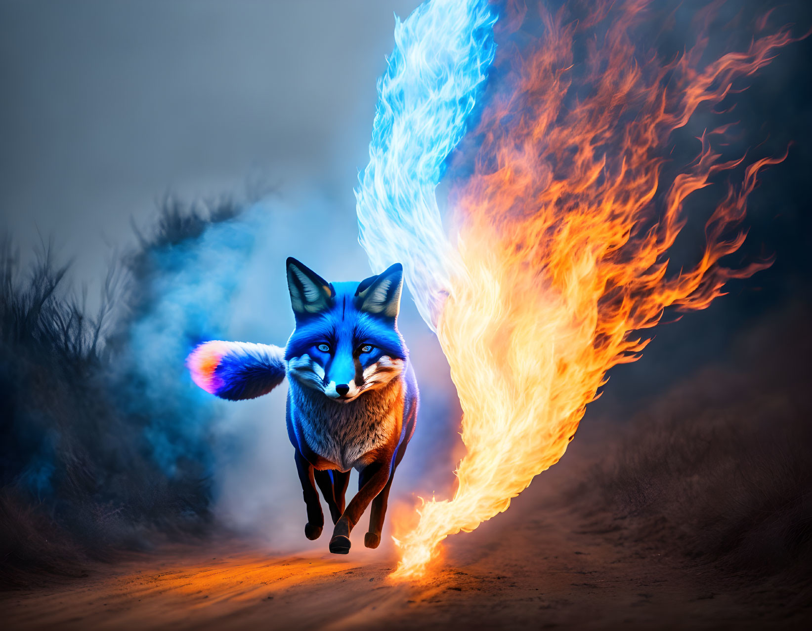 Fiery orange and icy blue fox on dirt path with flame and frost swirls