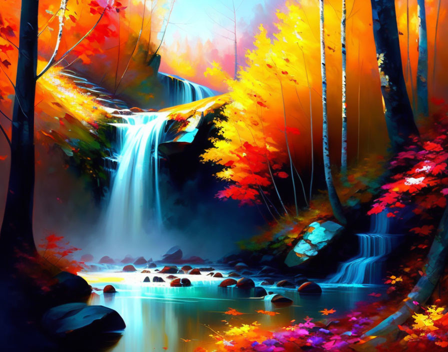 Digital Art: Autumn Forest Scene with Waterfall & Serene Pond