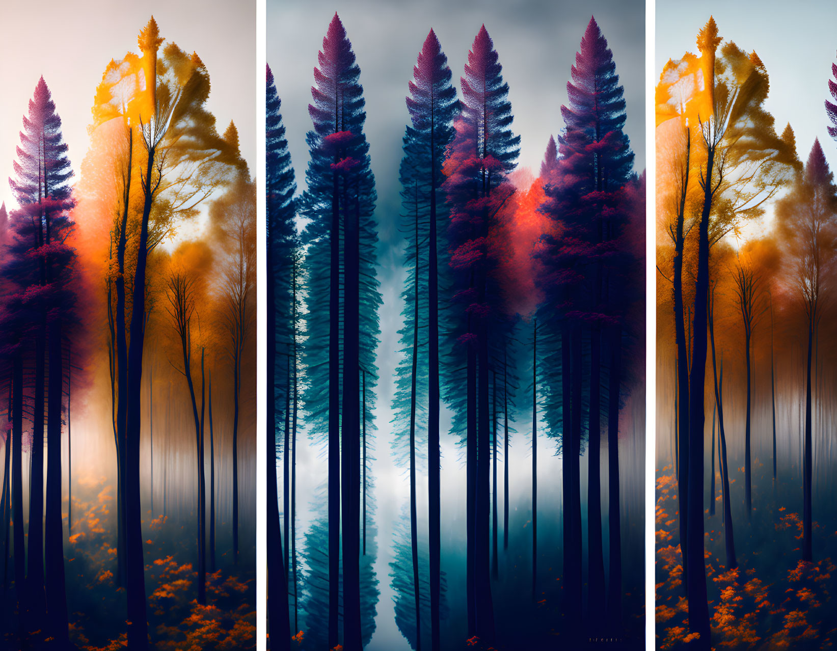 Vibrant Forest Panels: Warm Oranges to Cool Blues