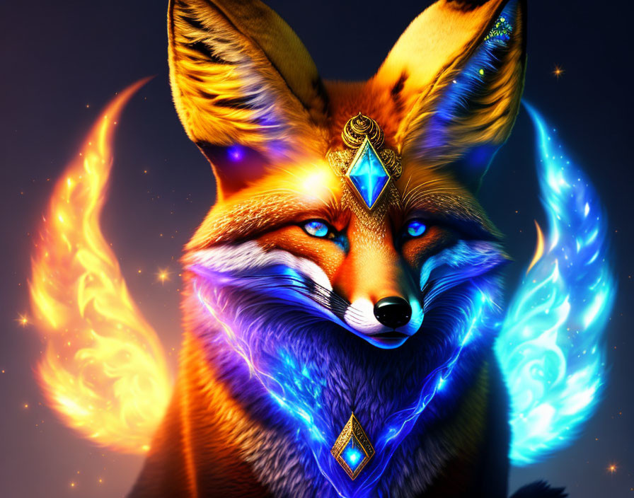 Colorful illustration: Mystical fox with fiery orange fur and luminous blue eyes adorned with jeweled