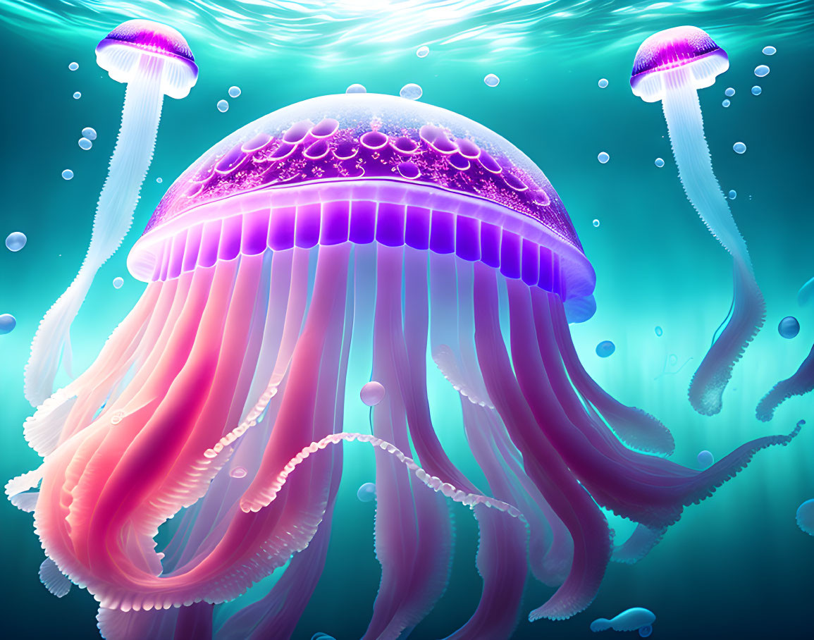 Colorful Digital Illustration of Purple Jellyfish in Aquatic Environment