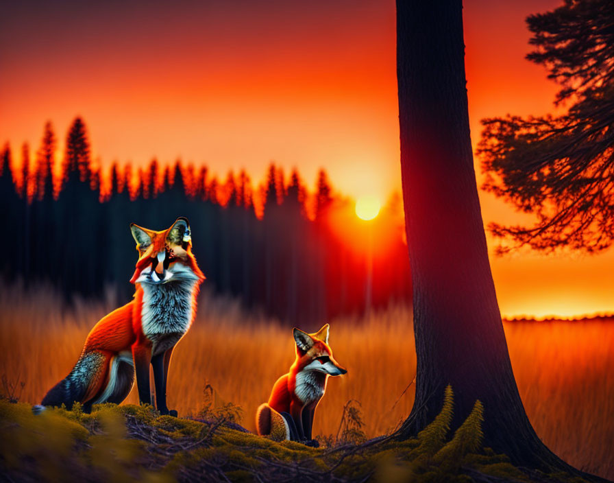 Foxes in Vibrant Dusk Sky with Forest Silhouette