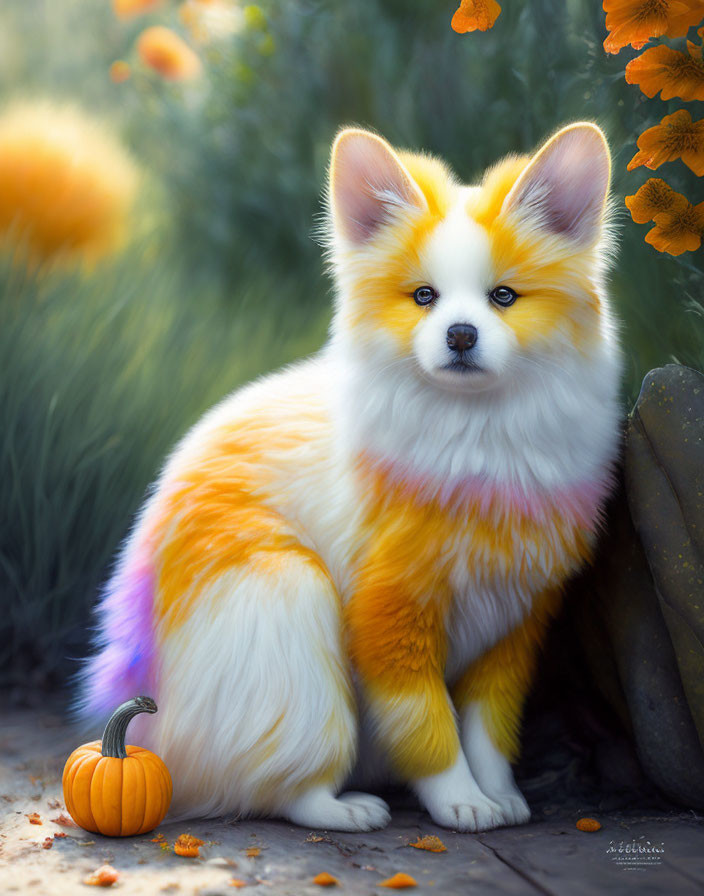 Fluffy corgi with yellow and orange fur near pumpkin and flowers