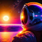 Astronaut with glowing helmet on surreal planetary landscape