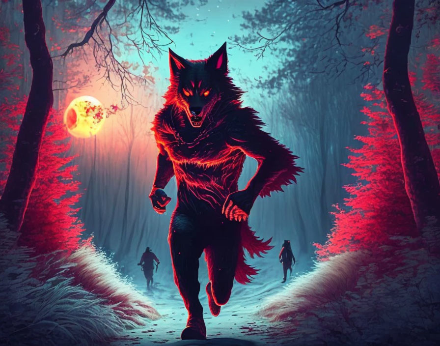 Stylized werewolf running in crimson forest under full moon