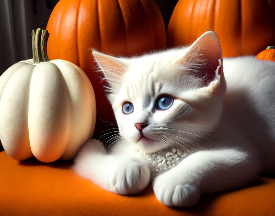 White Kitten with Blue Eyes and Pumpkins on Orange Surface