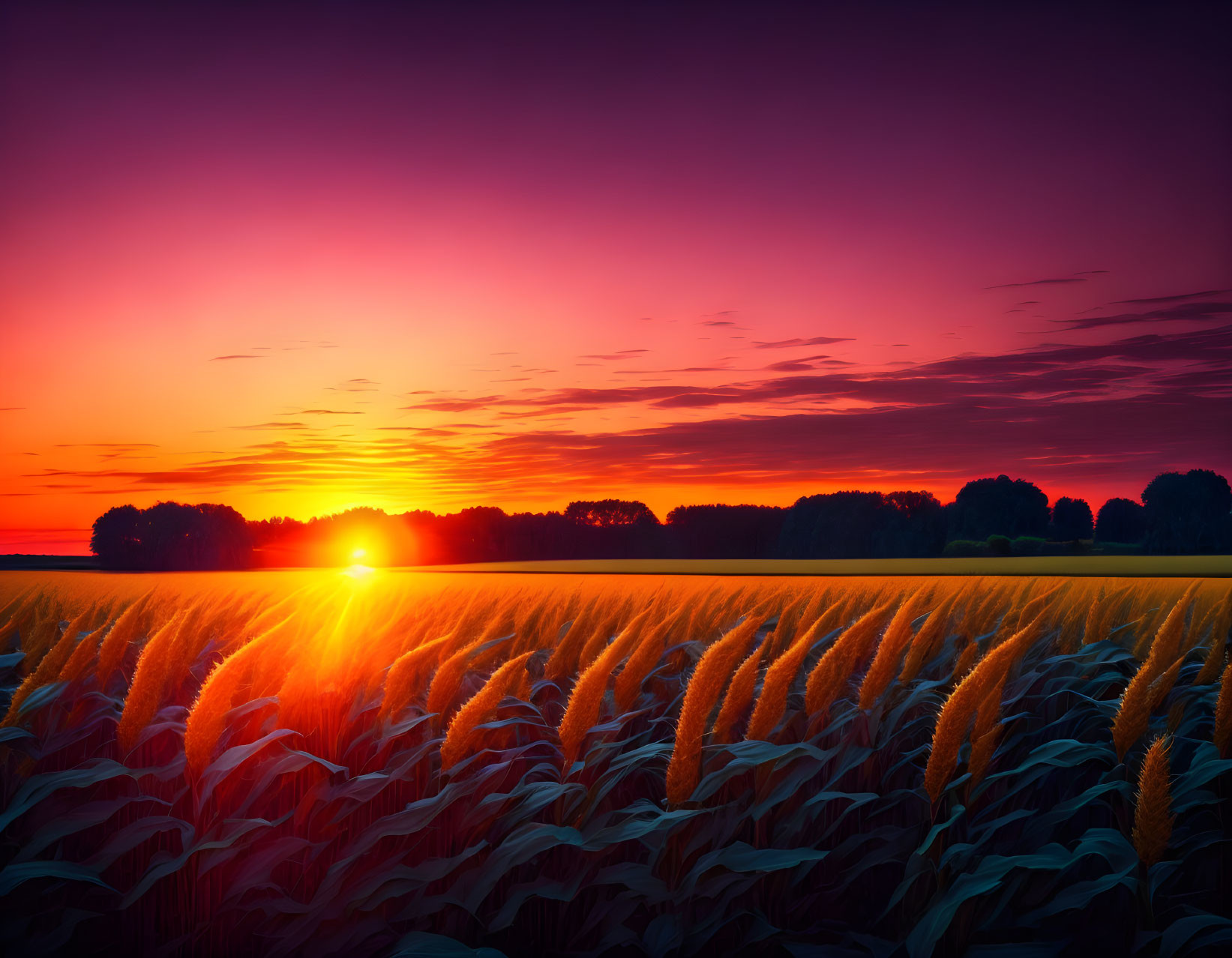 Colorful sunset over golden crop field with tree line horizon