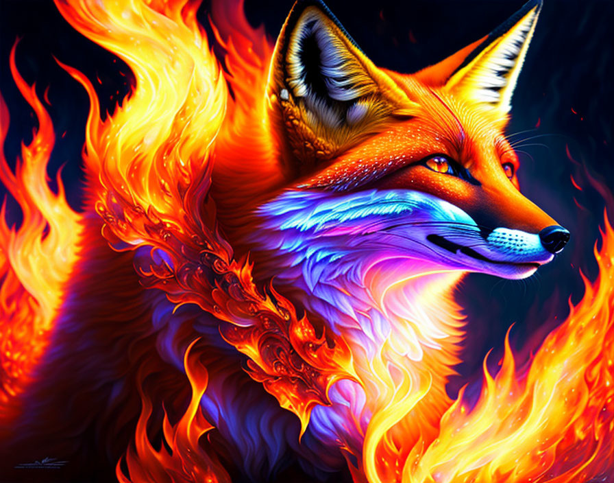 Fiery fox illustration with orange flames and blue highlights