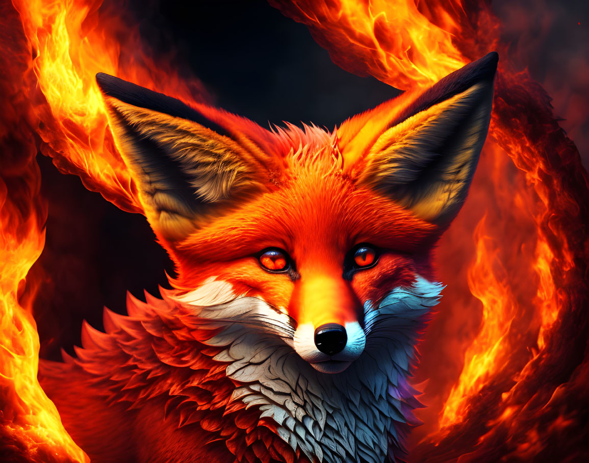 Intense red fox art surrounded by flames on dark background