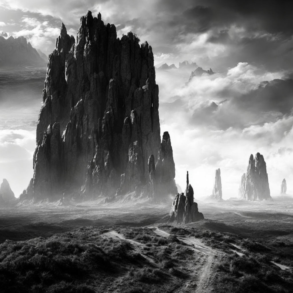 Monochrome landscape with rocky spires and cloudy sky.