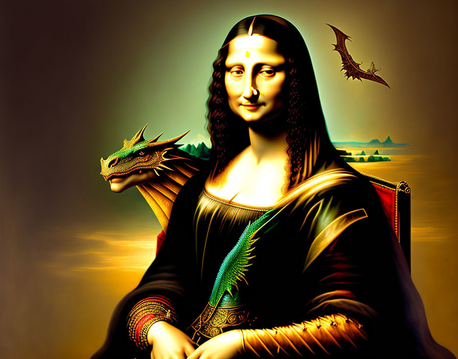 Surreal Mona Lisa with dragon, glowing forehead, and fantastical landscape