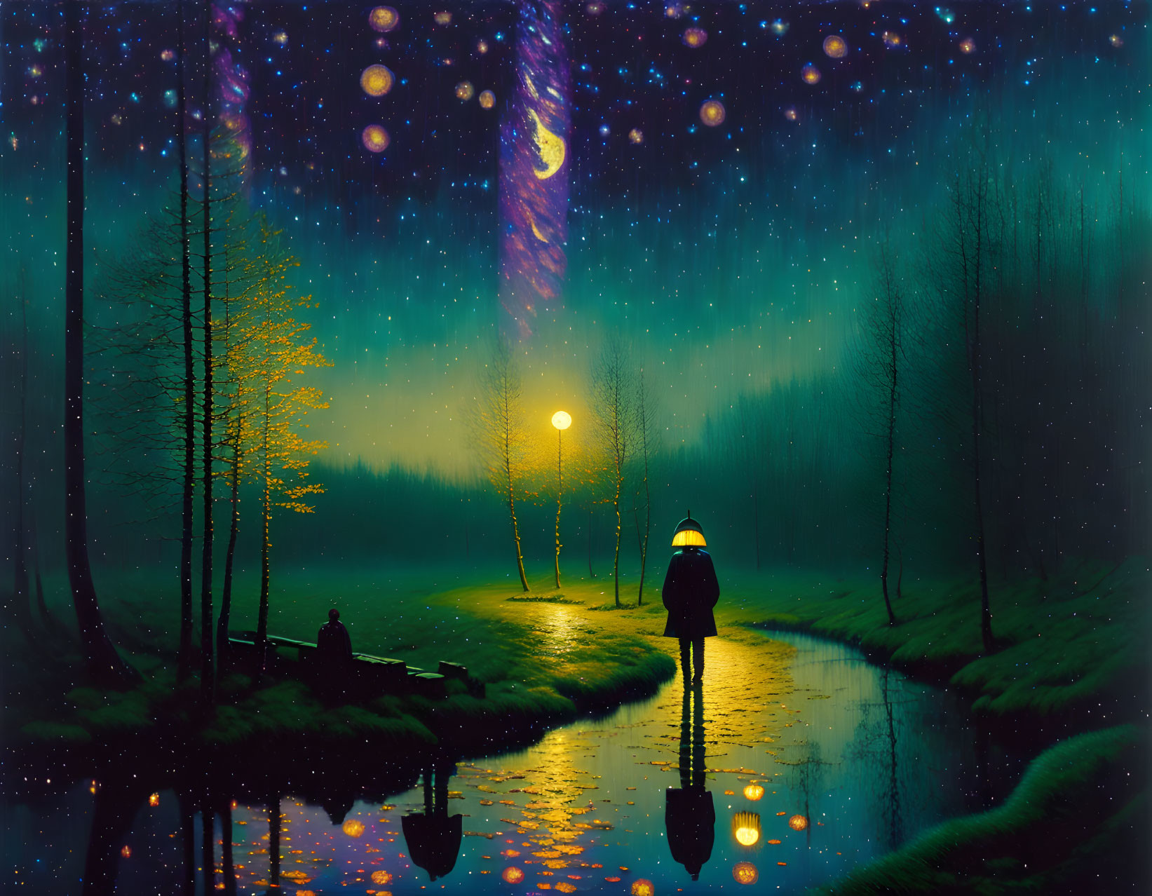 Person walking along mystical river pathway under starry sky