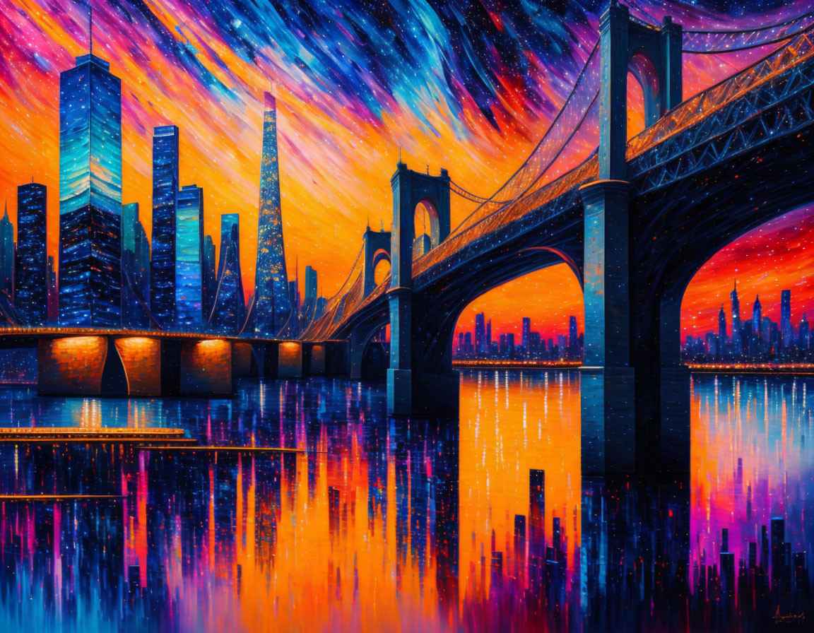 Colorful cityscape painting with bridge and dusk sky reflections