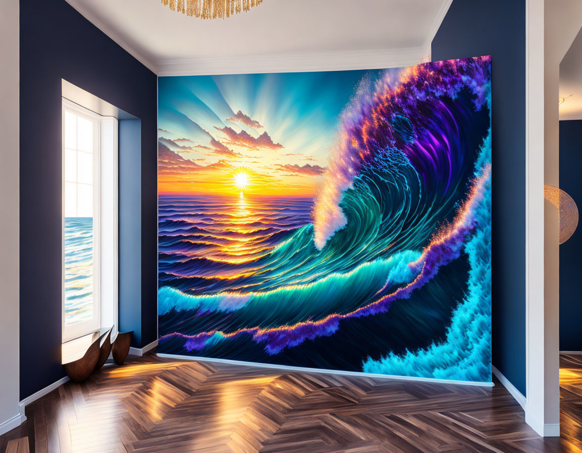 Colorful Wave Sunset Mural in Modern Room