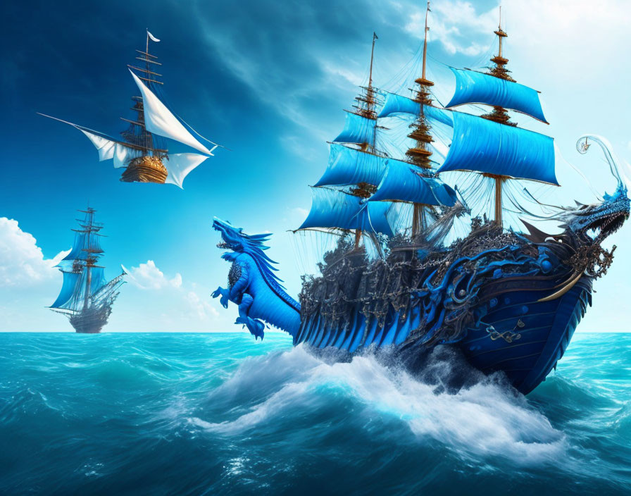 Blue dragon flying near ornate ships on vibrant ocean under partly cloudy sky