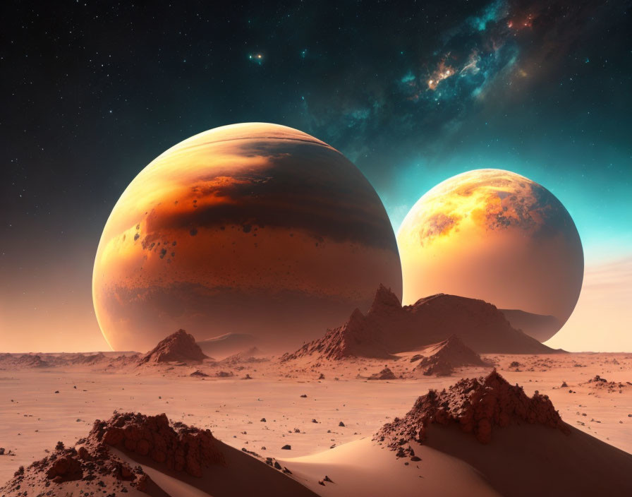 Alien desert landscape with two large planets and rock formations