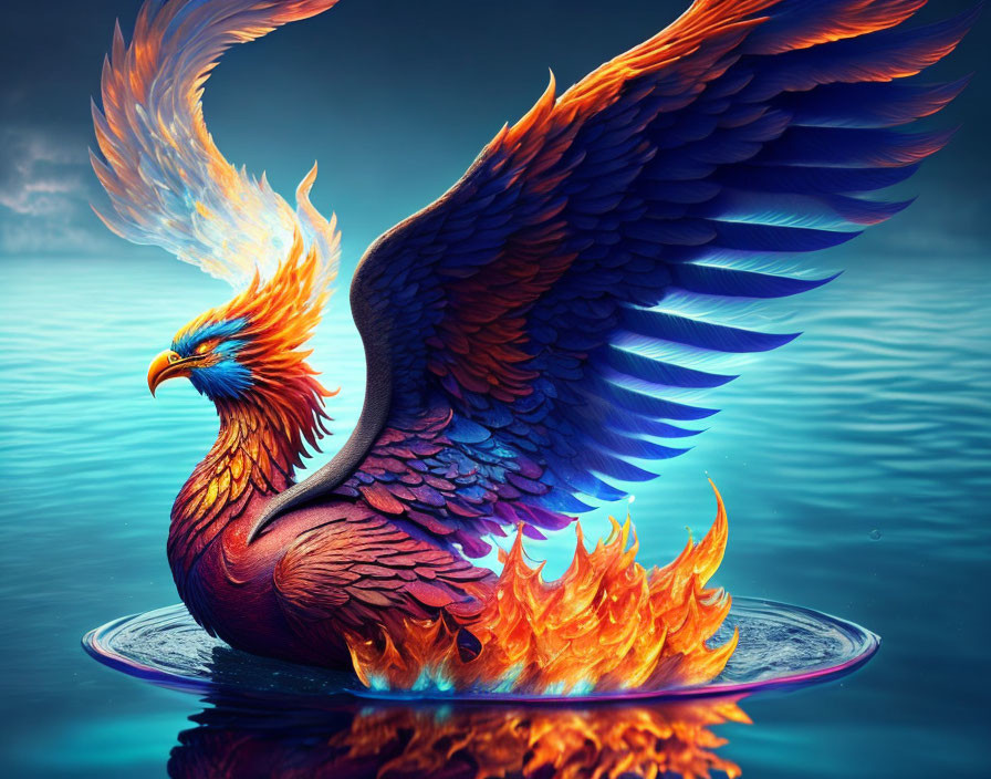 Colorful Phoenix Rising from Flames in Mystical Setting