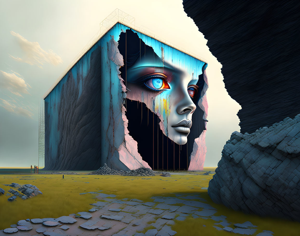 Colorful mural of a woman's face on large cubic structure