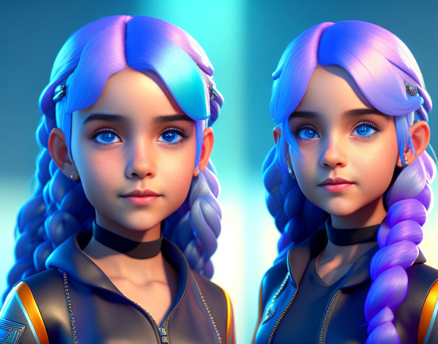 Young girl with blue hair and eyes in two portraits with subtle lighting differences