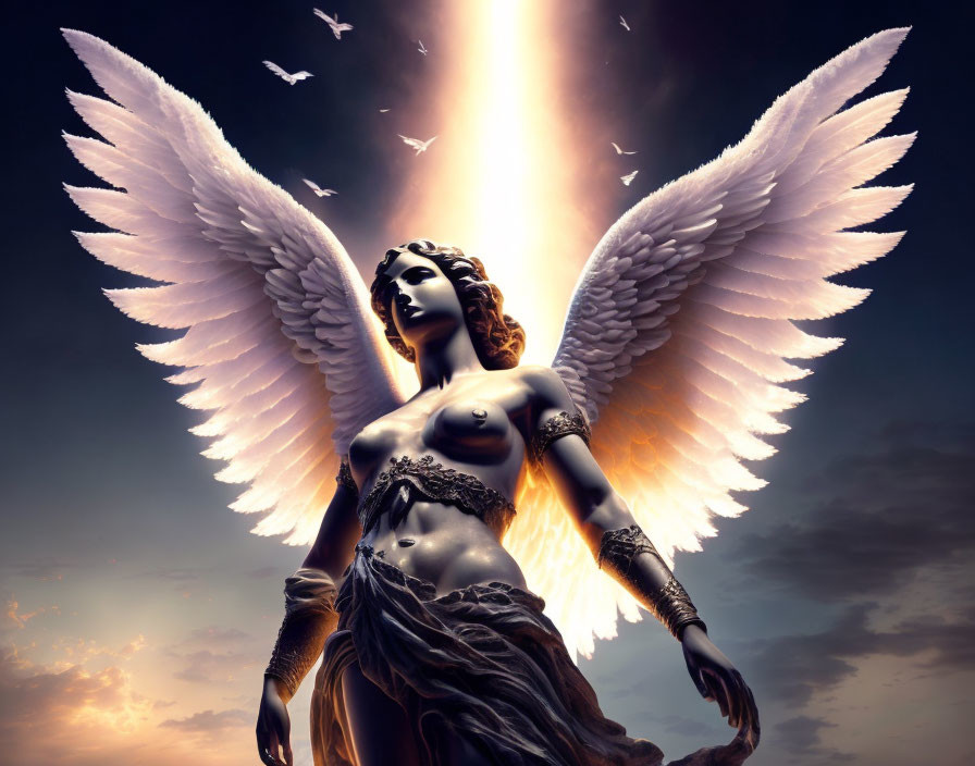 Majestic angel with expansive wings in divine setting