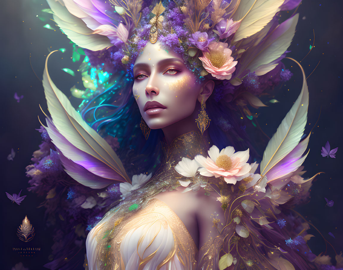 Mystical female figure with floral headdress and butterflies