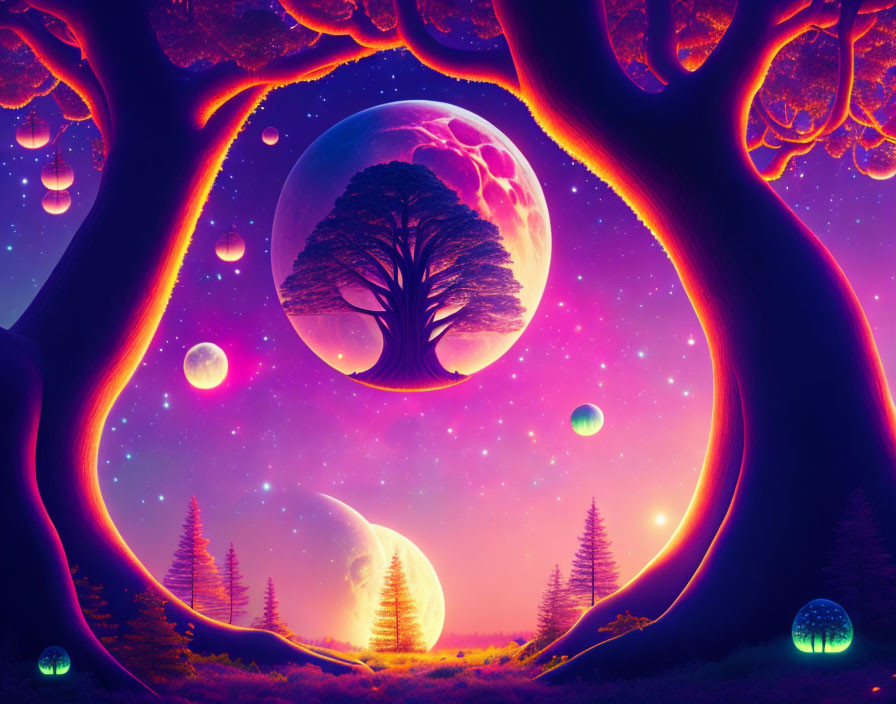 Surreal landscape with trees, moons, and glowing orb