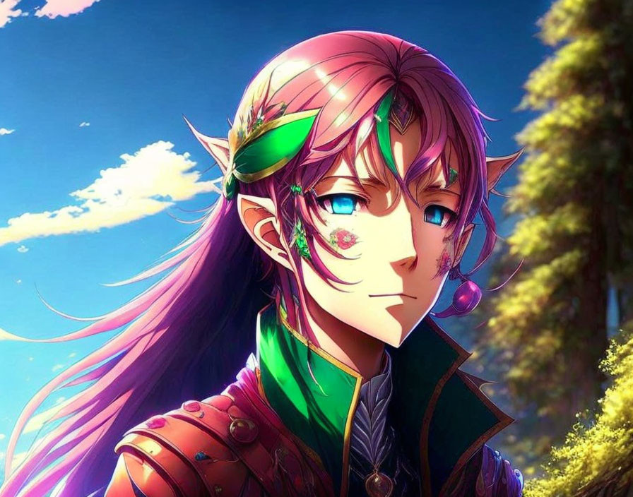 Anime-style character with long purple hair and elf ears in intricate armor under a sunny sky.