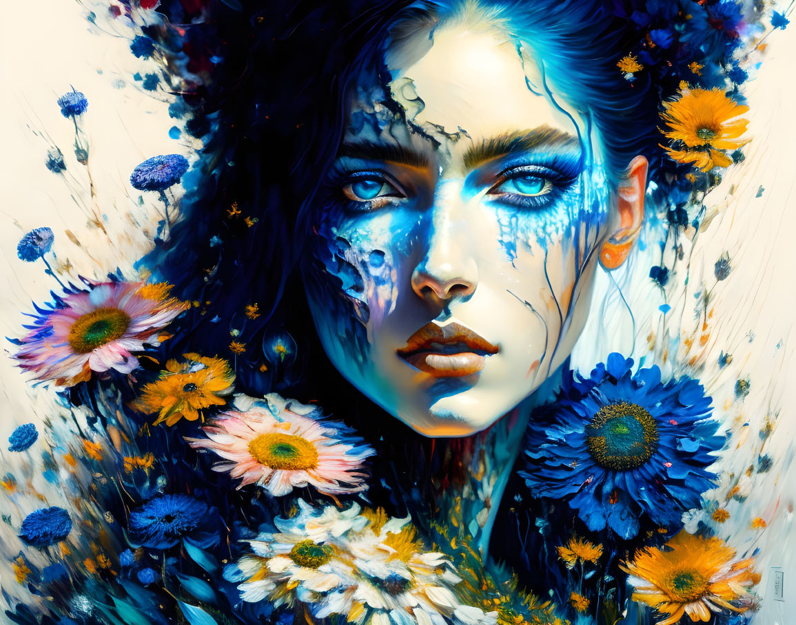 Colorful artwork: Woman with blue eyes and floral face merge