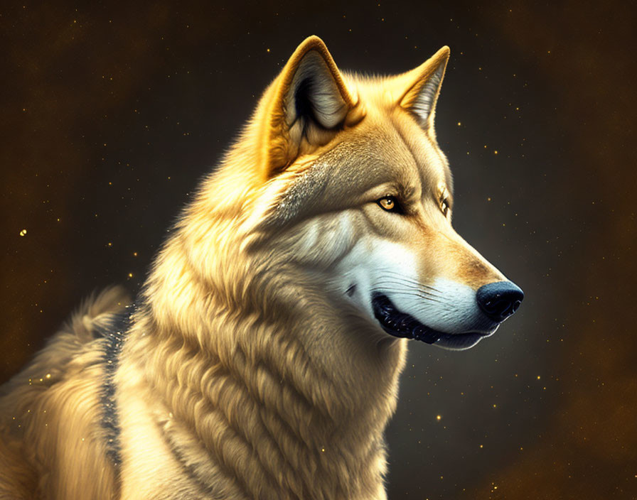 Realistic digital art: Golden-coated wolf with sharp gaze on dark, starry backdrop