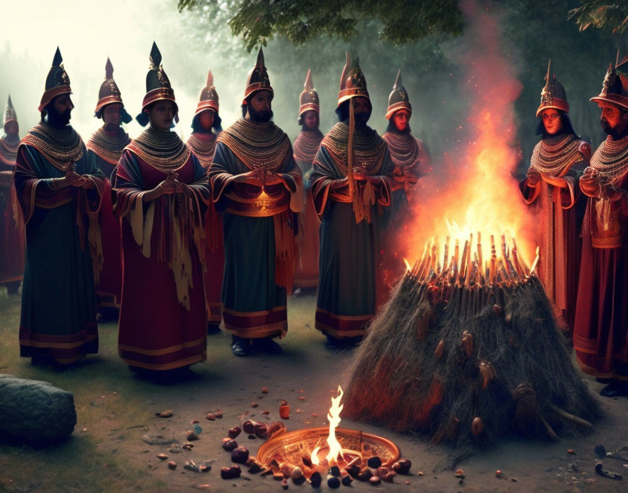 Medieval group in conical helmets around bonfire