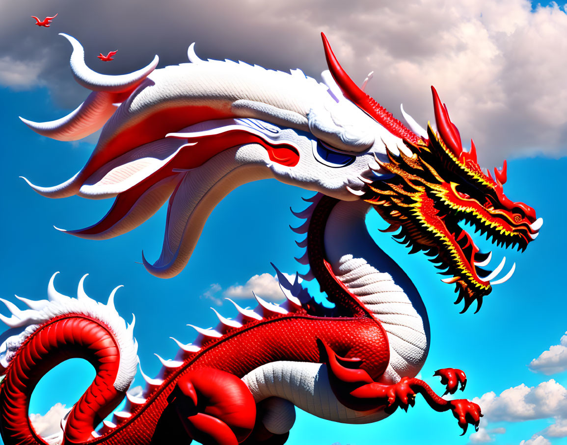 Detailed red and white dragon flying in cloudy sky.