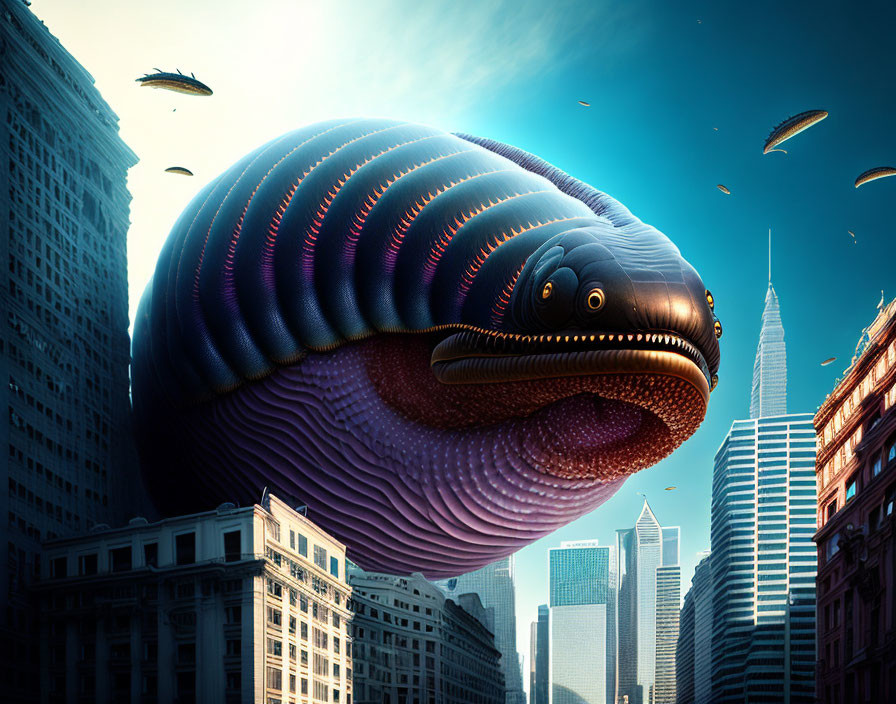 Giant leech-like creature in futuristic city with skyscrapers and flying vehicles