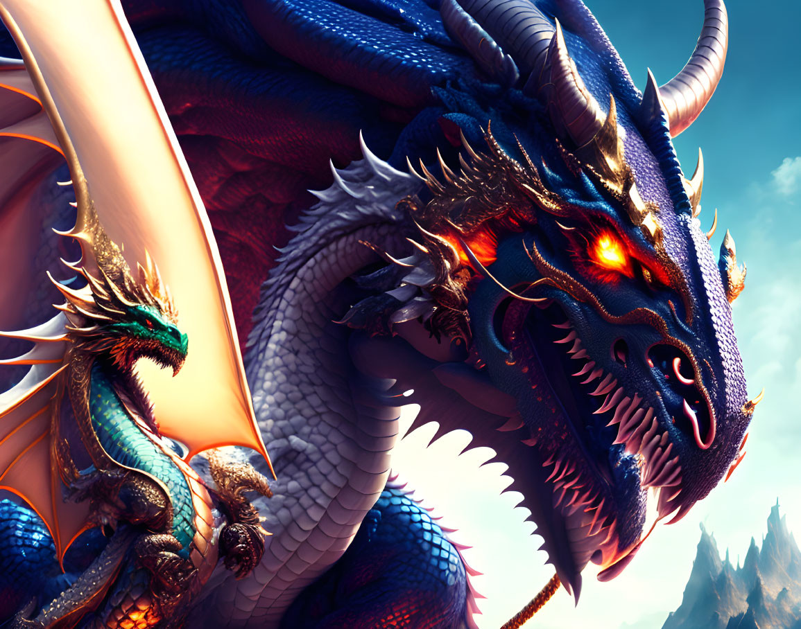 Detailed blue and green dragon illustration with fiery eyes and expansive wings in dramatic sky