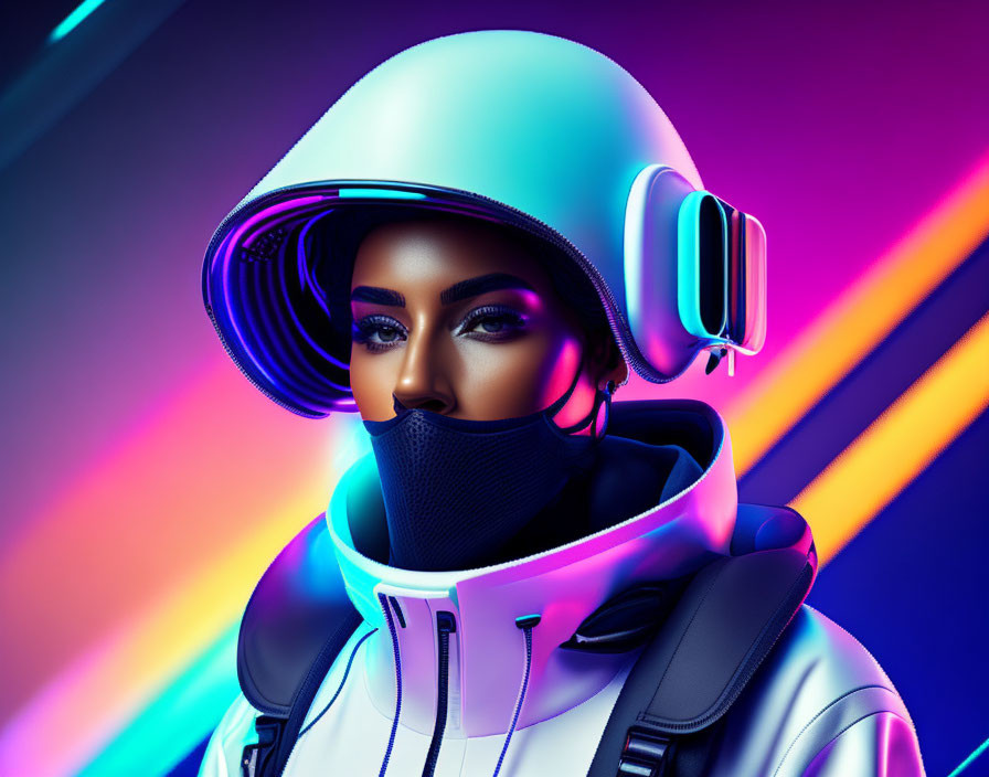 Futuristic portrait with white helmet and neon lights in purple, pink, blue background