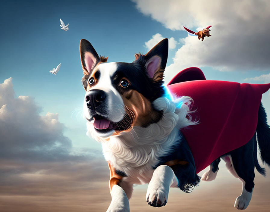 Whimsical superhero dog with red cape flying in the sky