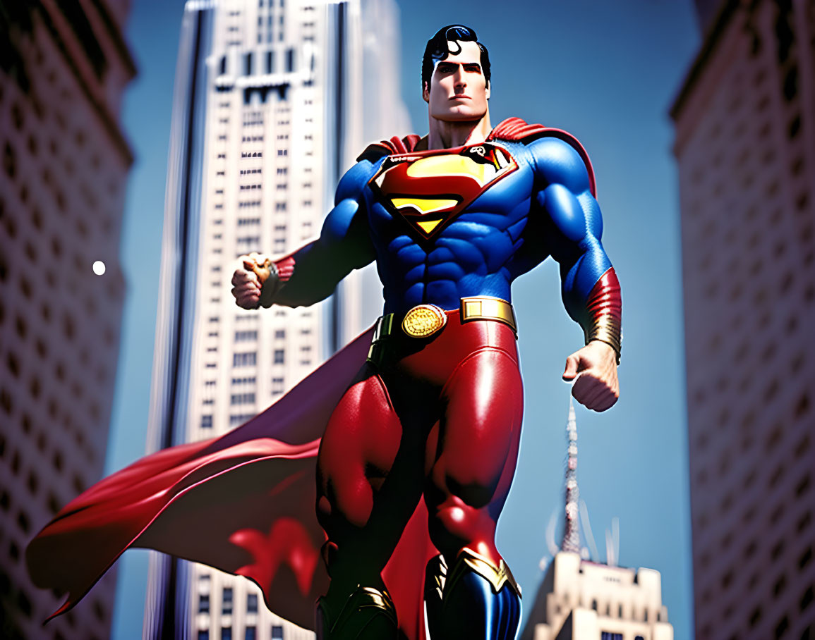 Superman Figurine with Skyscrapers Background embodys strength